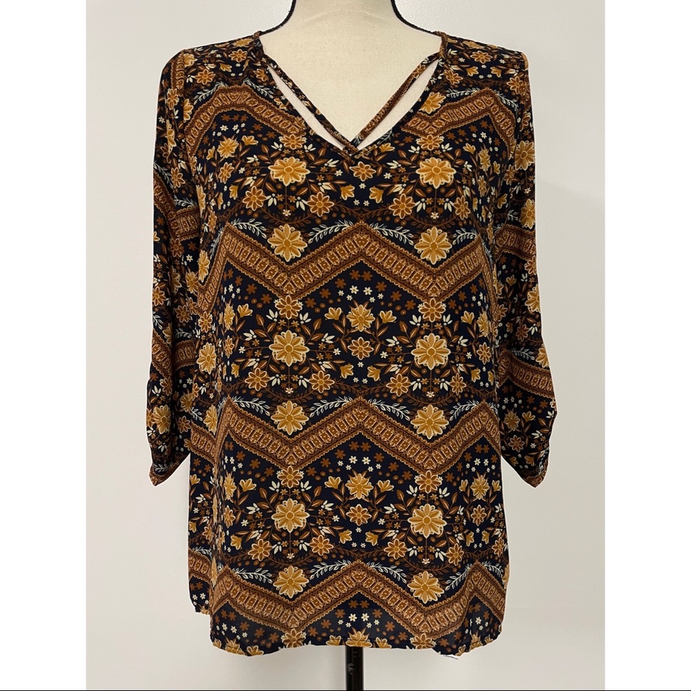 Pink Rose Chiffon Blouse Blue & Brown Floral Juniors Size M